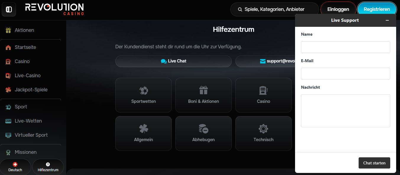 Nutze den Live-Chat im Revolution Casino Hilfezentrum rund um die Uhr